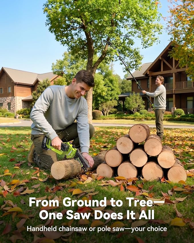 Electric Pole Saw, 6-Inch Cordless Mini Chainsaw with Extension Pole, Extendable to 16 ft, 2x4.0Ah Batteries, Tool-Free Chain Tensiong, Electric Pole Chainsaw for Tree Trimming & Thick Branch Cutting