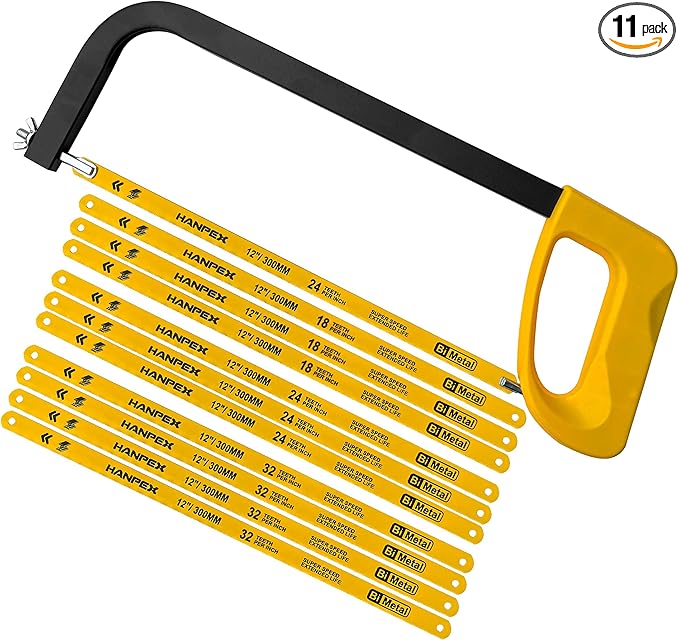 Hanpex 12in. High-Tension Hacksaw Frame with 10pcs Extra Bi-metal Blades, Hand Saw Suitable for Metal, wood, PVC, Carpentry