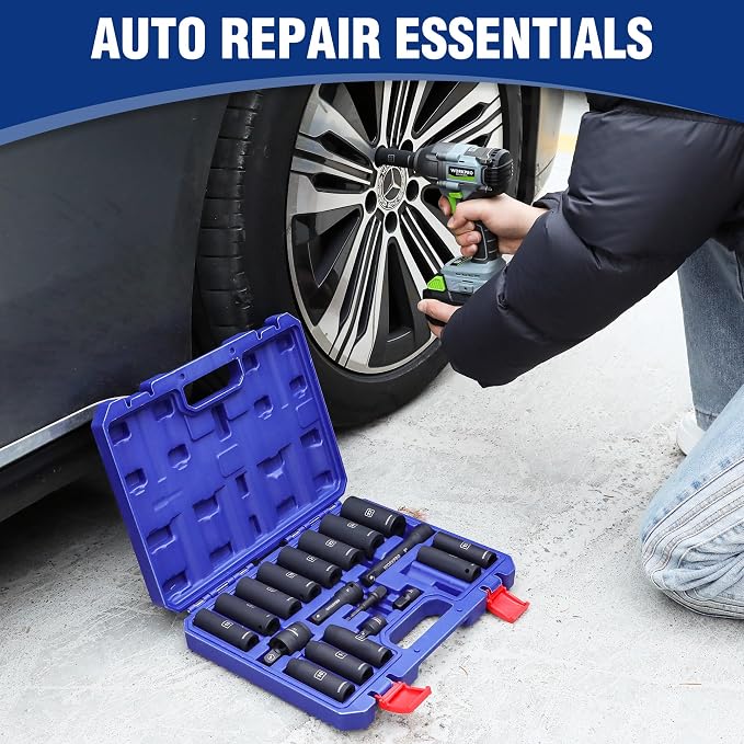 WORKPRO 20-Piece 1/2＂ Drive Deep Impact Socket Set, Metric | 6-Point, Cr-V Steel, 10-27mm, Universal Joint, Adapter and Extension Bar, Automotive Repair, Garage Tools