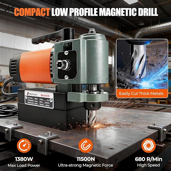 1380W Low Profile Magnetic Drill Press with 3/4" Annular Cutter, 2585lbf 680RPM Powerful Drilling Machine, 1.4" Boring Diameter Portable Mag Drill Press for Metal Surface Industrial & Home Improvement