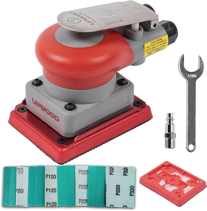 Pneumatic random orbital sander 3 x 4-inch light weight palm sander 1/8" (3 mm) diameter orbit 10000 RPM with extra backing pad 12pcs sandpaper