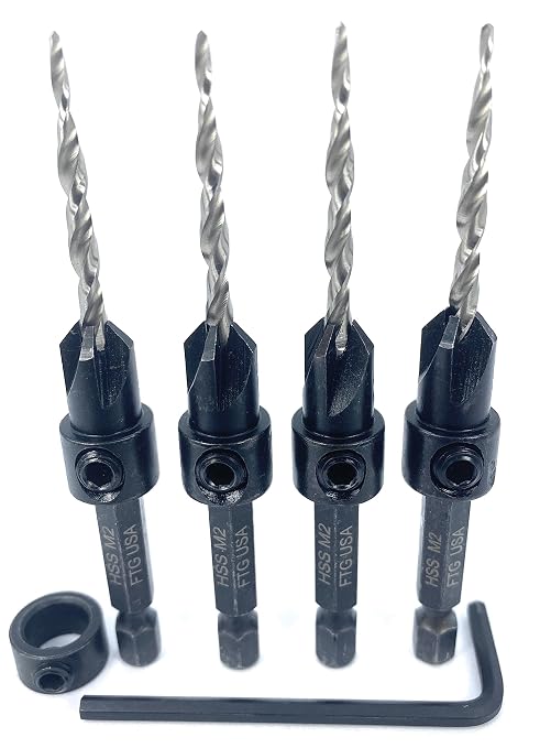 FTG USA Countersink Drill Bit Set 4 Pc #6 (9/64") Wood Bit, Tapered Bit, Stop Collar, Hex Wrench for Woodworking