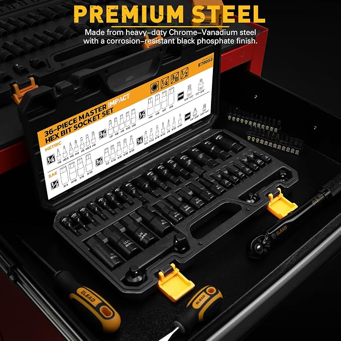 36-Piece Impact Hex Bit Socket Set Includes Socket Adapter, 1/4", 3/8", 1/2", SAE and Metric, H2-H19 & 3/4"-5/64", Cr-V Steel, Reinforced Storage Case, Automotive Mechanic Professional Tool Set
