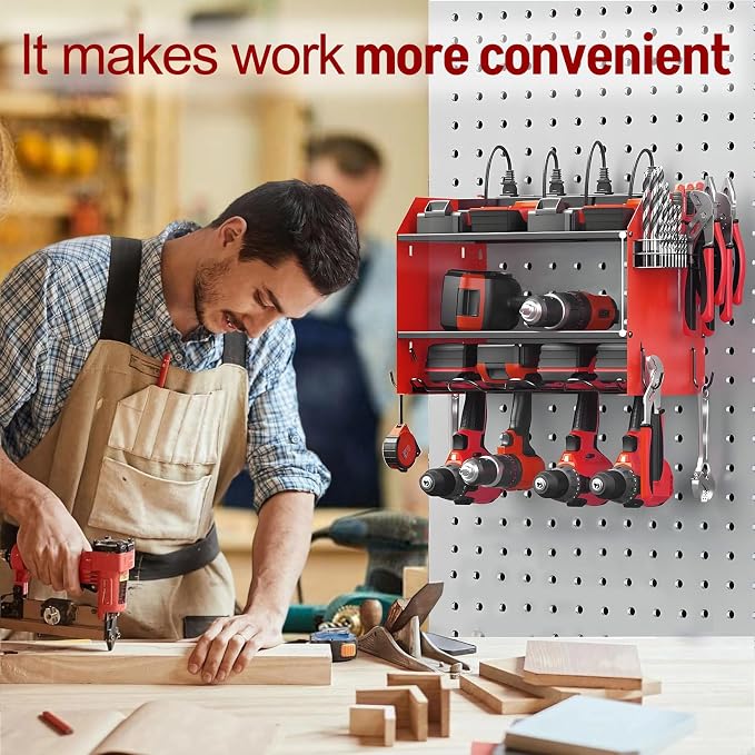 Power Tool Organizer Wall Mount with Charging Station, Heavy Duty 3 Layers Tool Storage Rack with 4 Cordless Drill Holder, Battery Holder with 8 Power Strip, Ideal for Garage, Warehouse, Workshop