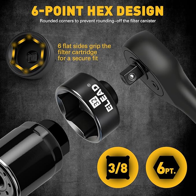 ELEAD 32 mm Oil Filter Socket Wrench, 3/8'' Drive 6-Point Oil-Filter Removal Tool, Metric Oil Filter Wrenches, Low Profile Design for Easy Removal, Chrome Vanadium Steel Oil-Change Tool