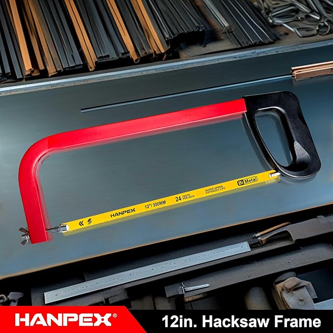 Hanpex 12in. High-Tension Hacksaw Frame with 24 TPI Bi-metal Blade, Hand Saw Suitable for Metal, wood, PVC, Carpentry（Black Handle）