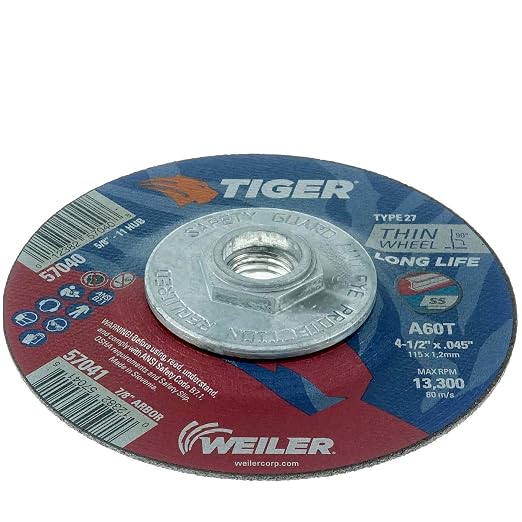 Weiler 57040 4-1/2 Inch Cutting Wheel, Tiger AO Steel/Metal Long Life Performance Cutting, .045" A60T Type 27 5/8"-11 Hub, Pack of 10
