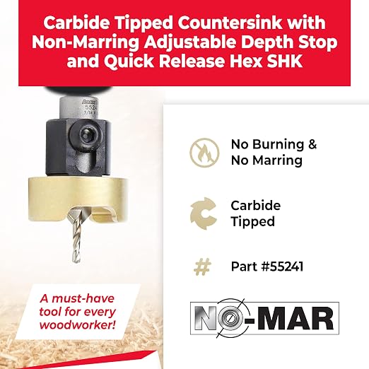 Amana Tool 82 Degree Countersink with Drill Bit Depth Stop and No-Thrust Ball Bearing, 55241, 3/8 D x 7/64 Drill D x 1/4 Inch Quick Release Hex Shank