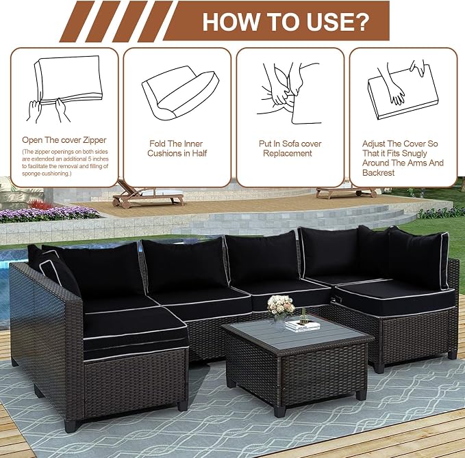 14 Piece Outdoor Patio Cushion Covers Replacement, Waterproof Outdoor Furniture Cushion Covers, Fit 7 Pcs 6 Seater Wicker Rattan Conversation Sofa Set, Black+White Piping(Only Cover) 25.6x25.6"
