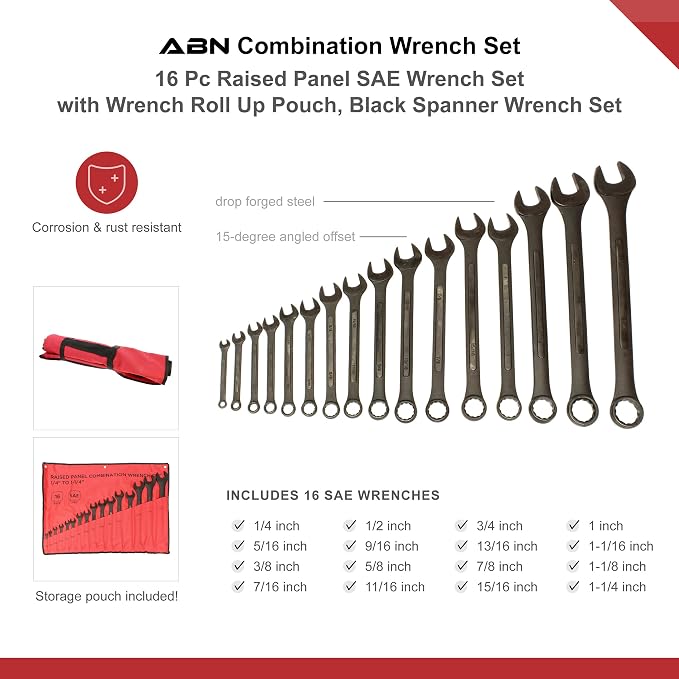 ABN Combination Wrenches Set Metric and Standard - 32 Piece SAE and Metric Wrench Set with Roll Up Pouch
