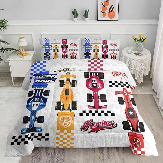 Axolotl Racing Car Comforter Set King Size,Colorful Sports Car Bedding Set for Kids Boys Teen Adult,Extreme Speed Race Bedding,Cars Theme Bedroom Decor with 1 Comforter and 2 Pillowcases