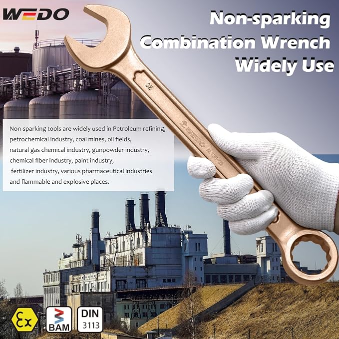 WEDO Non-Sparking Combination Wrench 34mm,Beryllium Copper,Non-magnetic | 12-Point Metric Spark-free Spanner,15-Degree Offset,Corrosion-resistance,DIN3113,BAM&FM Certificate,For Oil,Chemical,Mining
