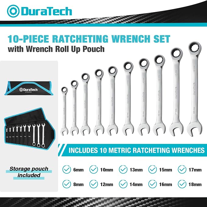 DURATECH 10-Piece Ratcheting Wrench Set, Metric, 6mm-18mm | 6mm, 8mm, 10mm, 12mm, 13mm, 14mm, 15mm, 16mm, 17mm, 18mm, Combination Wrench Set, CR-V Steel, with Pouch