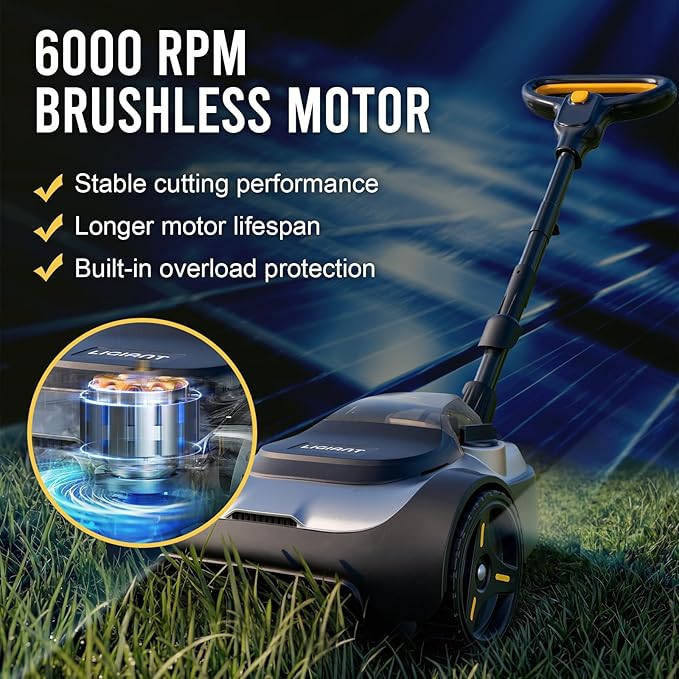 LIGIANT 9'' Cordless Lawn Mower, Lightweight Electric Mower w/6000RPM Brushless Motor, 3-Position Height Adjustment, Safe Tilt 10°–75°, Compact Push Mower for Small Yards & Tight Spaces