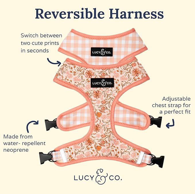 Lucy & Co. Reversible Dog Harness - Water-Repellent Neoprene, Dual-Print Design, Easy Swap Style, Adjustable Comfort Fit - Woodland Wildflowers Reversible Harness - Medium
