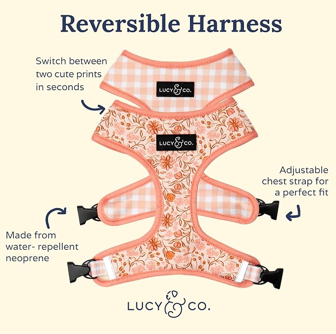 Lucy & Co. Reversible Dog Harness - Water-Repellent Neoprene, Dual-Print Design, Easy Swap Style, Adjustable Comfort Fit - Woodland Wildflowers Reversible Harness - Small