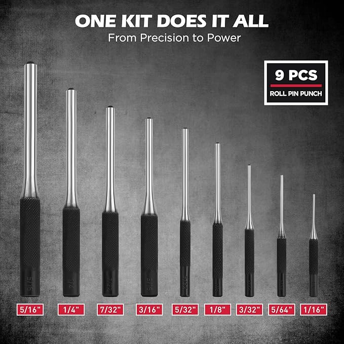 25-Piece Punch and Chisel Set with Roll Pin Punches, Includes Taper, Pin, Center Punches & Cold Chisels for Metalworking, Automotive, and Craft Use