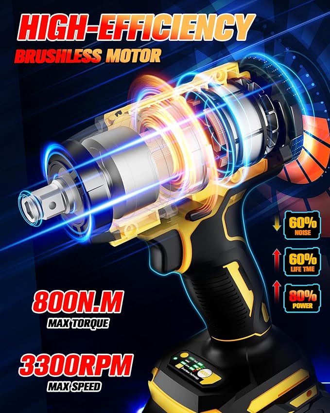 Urjoai Cordless Impact Wrench - 590Ft-lbs (800N.m) Brushless 1/2 inch, 3300RPM High Torque Impact Gun, 2x 4.0Ah Battery, Charger & 7 Sockets, Electric Impact Wrench for Car Home
