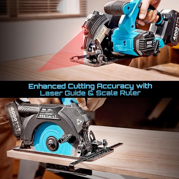 Seesii 6-1/2" Cordless Circular Saw with Laser, 5200 RPM Electric Compact Saw with 2x 4.0Ah Batteries and Charger, Lightweight and Power Design for Wood Cutting, DIY Framing & Home Renovation