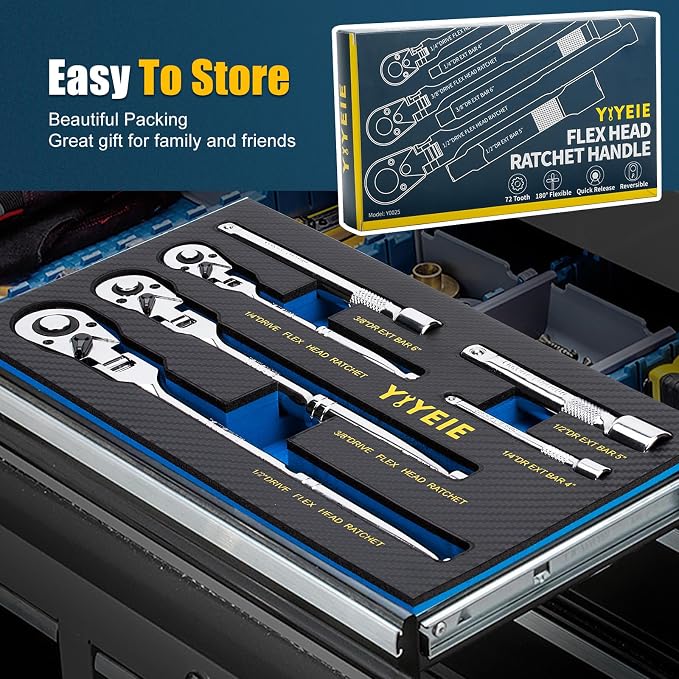 YIYEIE 6-Piece Flex Head Ratchet Set, 1/4", 3/8", 1/2" Drive, Swivel Head Ratchet Wrench with Extension Bar, 72 Tooth, 180° Adjustable, Quick-Release, Flexible Ratchet Handle with EVA Foam