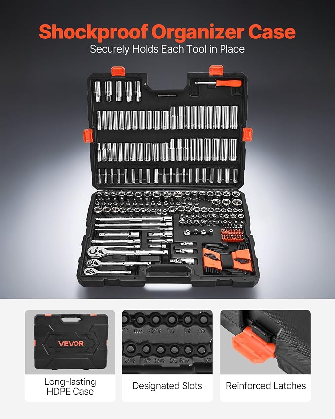 VEVOR Socket Set, 225 Pieces, 3/8 & 1/4 & 1/2 inch Drive Socket and Ratchet Set, SAE and Metric, Deep and Shallow, Mechanic Tool Kit with Bits, Accessories, Storage Case, CR-V Alloy Steel, for Repair | CR-V, SAE and Metric, Deep and Shallow, Car and Mo...