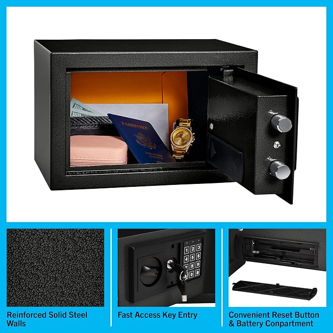 Digital Safe - Electronic Steel Safe with Keypad and Manual Override Keys - Protect Money, Jewelry, Passports - For Home, Business by Stalwart (Black), 12.2" (L) x 7.9" (W) x 7.9" (H)