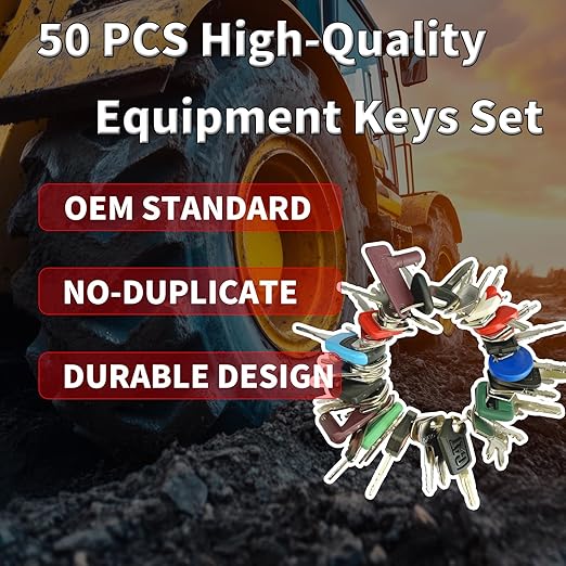 50PCS No-Duplicate Heavy Equipment Keys Set, Construction Keys Master Set for CAT, JCB, JD, JLG, Takeuchi, Master Ignition Keys Set