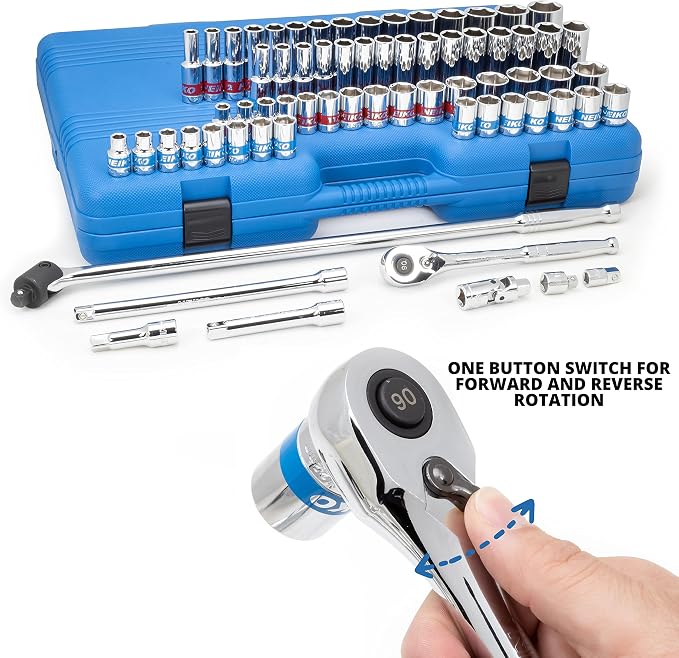 Neiko 02479A 1/2 Inch-Drive Colored Mechanics Tool Ratchet, Socket Set, 68 Piece Standard and Deep SAE Sizes 3/8" to 1-1/4" Metric Sizes 10 mm to 24 mm Made with CrV Steel for Auto Repair