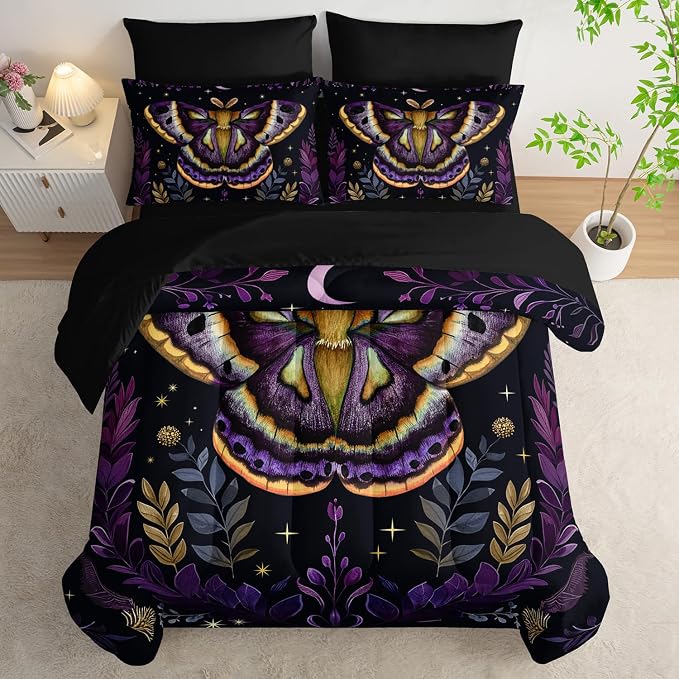 Gothic Moth Comforter Sets Queen Size,Bohemian Butterfly Vegetation Leaf Flash Bedding for Kids Room Decor,Mysterious Aesthetics Bedding with Comforter,Fitted Sheet,Flat Sheet,Pillowcases.