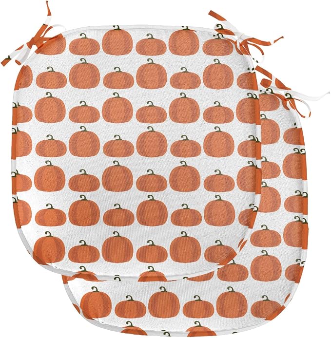Lunarable Autumn Pumpkin Chair Seating Cushion Set of 2, Simplistic Halloween Fruit Pattern on Plain Backdrop, Anti-Slip Seat Padding for Kitchen & Patio, 16"x16", Burnt Orange Green Brown