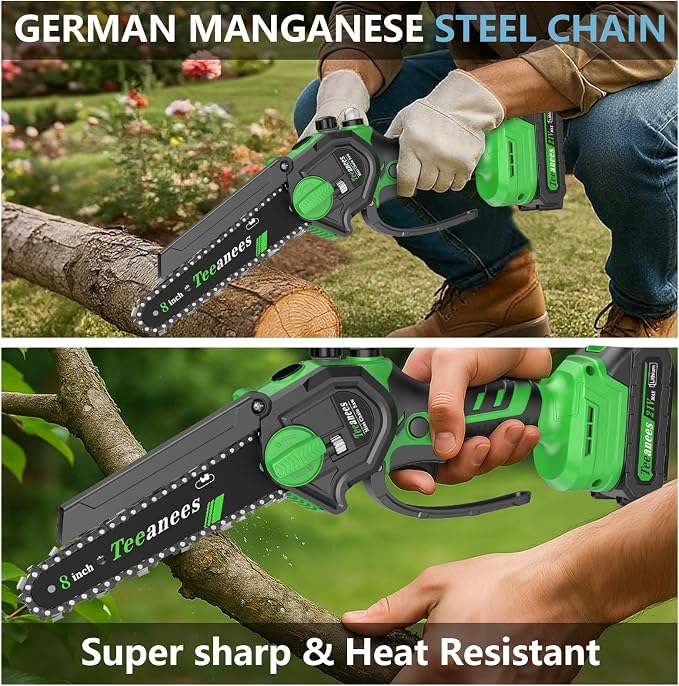 Mini Chainsaw Cordless with 2 Batteries & 8 Chains, Dual Guide Bars (8" & 6"), 1000W Electric Battery Powered Chain Saw for Tree Trimming, Wood Cutting, Garden Gift (Green)