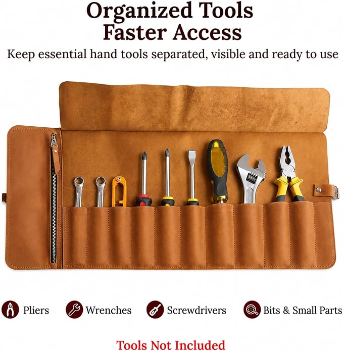 Genuine Leather Tool Roll – Compact Roll-Up Tool Organizer with Multiple Pockets for Wrenches, Screwdrivers & Pliers – Portable Leather Tool Storage Case, Warm Brown (Tools Not Included)