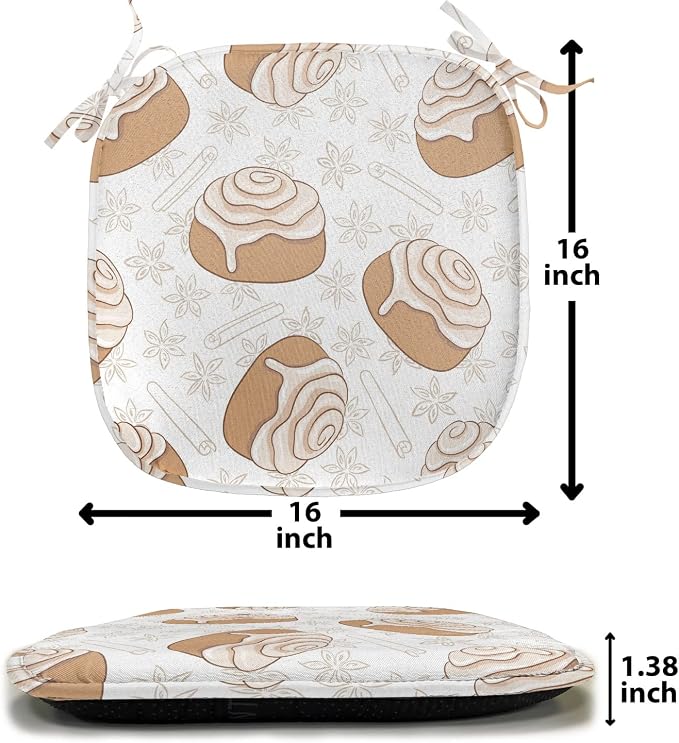 Lunarable Cinnamon Chair Seating Cushion Set of 12, Floral Pattern with Floating Tasty Rolls Dessert Bakery Themed Pattern, Anti-Slip Seat Padding for Kitchen & Patio, 16"x16", Sand Brown Champagne