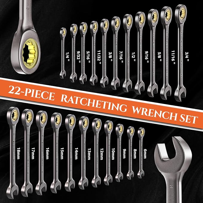 SUZUME 22-Piece Ratchet Wrenches Set Metric & SAE for Auto Car Moto Bike | 6-18mm & 1/4”-3/4” CR-V 72-Tooth with Organizer Box Combination Wrench Sets for Workshop Stubborn Fastener Mechanic DIYer