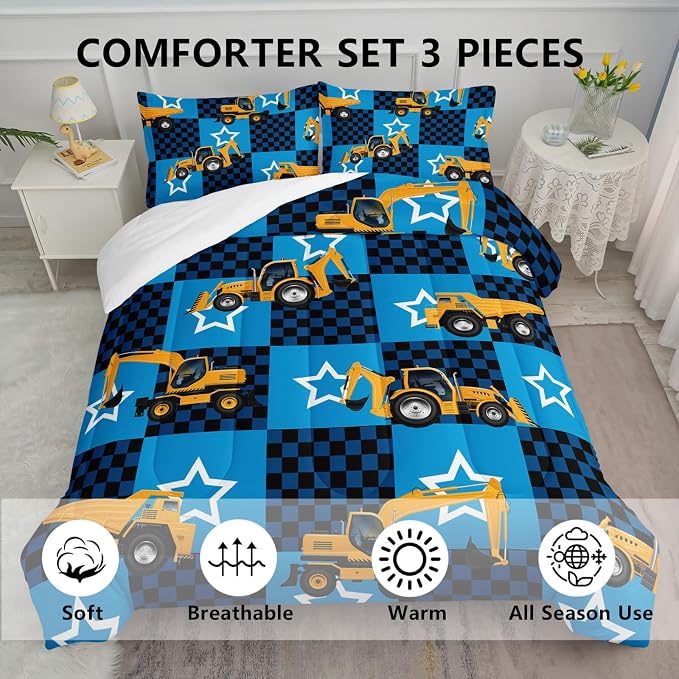 Axolotl Excavator Comforter Set King Size,Blue Plaid Comforter with Star,Cartoon Excavator Bedding for Kids Boys Teens,3 Piece Construction Vehicle Bed Set for Boys,1 Quilt 2 Pillowcases