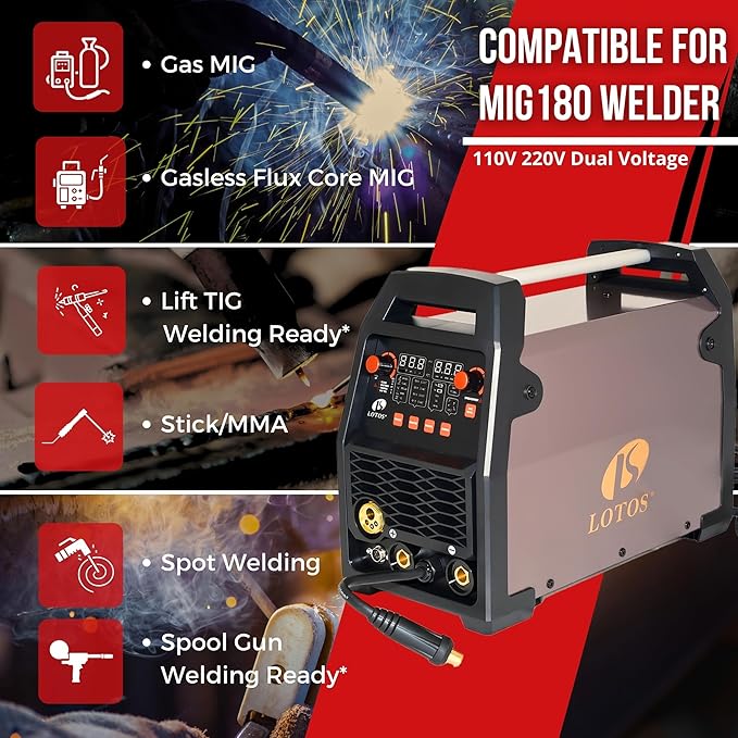 MIG180 | 6-in-1 180A MIG Welder, Gas/Gasless MIG, Flux-Core, Lift TIG, Stick, Spot, Spool-Gun Ready (sold separately), Auto Synergic, 120/240V Dual-Voltage
