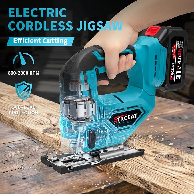 21V Cordless Jigsaw Tool, Electric Jig Saw with 2× 2.0Ah Batteries, 0°-45° Bevel Cuts, 4 Orbital Settings for Wood Cutting, 2800SPM Variable Speed, Mini Jigsaw for Straight/Curve/Circle Cutting (Blue)
