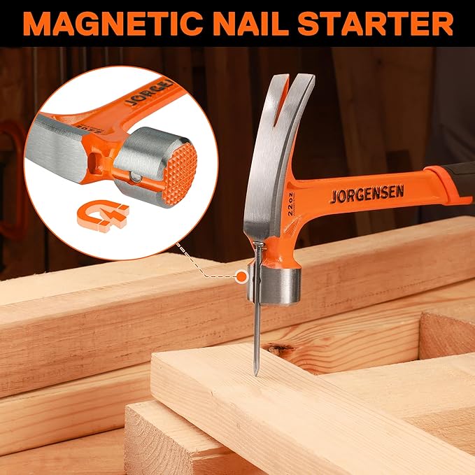 Jorgensen 22 oz Framing Hammer, Straight Claw Hammer with Magnetic Nail Holder, Rip Claw Hammer with Milled Face, Side Nail Puller, Shock Absorbing Grip, Heavy Duty One-piece Forged Hammer