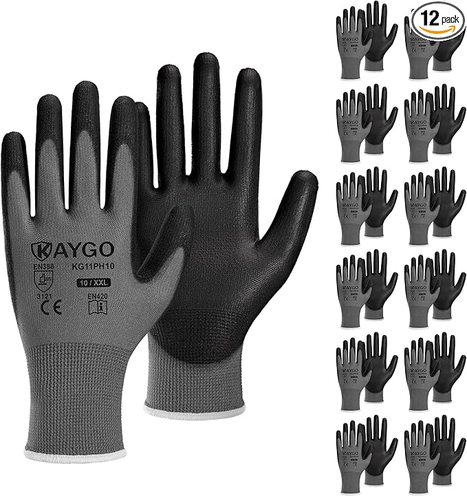KAYGO Work Gloves for Men and Women, 12 Pairs Seamless Knit PU Coated Safety Gloves, with Smooth Grip on Palm and Fingers, Ideal for Light Warehouse, Manufacturing, Gardening, KG11P (XL,Gray)