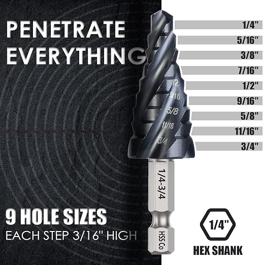 Matework M35 Cobalt Step Drill Bit, Four Spiral Flute Unibit Step Drill Bit (1/4"-3/4") Wear-Resistant TiAlN Coated, 1/4" Hex Shank for Metal, Carbon Steel, Stainless Steel, Wood, Plastic (9 Size)