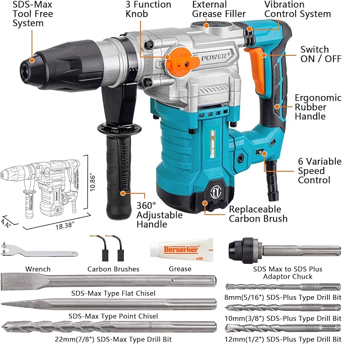 Berserker 1-9/16" SDS-Max Heavy Duty Rotary Hammer Drill for Concrete 42M | 1600W 13 Amp 3 Functions 16 lb. Corded Electric Variable-Speed Safety Clutch Vibration Control Demolition Rotomartillo