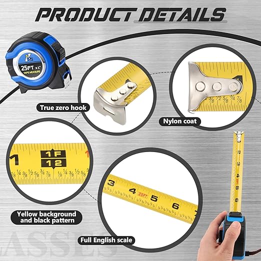Youyole 20 Pack Tape Measure with Fractions 1/8 Steel Measuring Tape Retractable Easy Read Measurement Ruler Steel Power Blade (25 ft X 1 in,Blue)