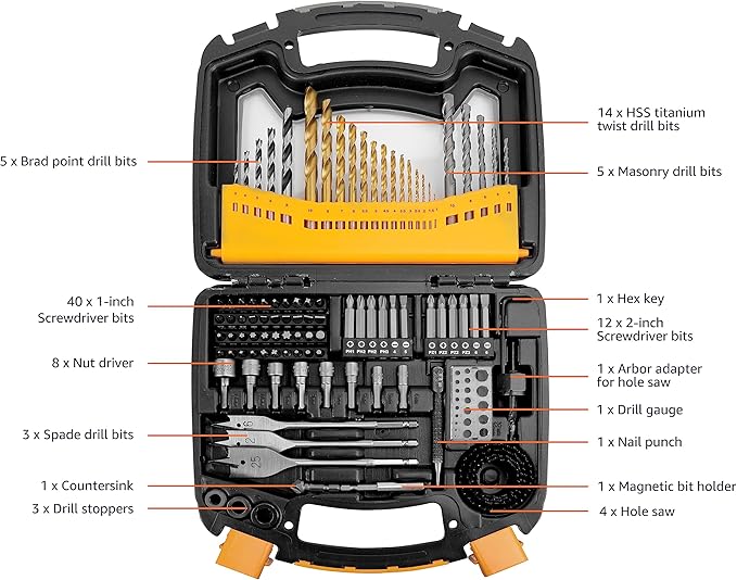 Amazon Basics Drill & Driver Multi Bit Set, Alloy Steel Drill Bits for Metal, Wood, Plastic, Masonry, with Storage Case, 100-Piece