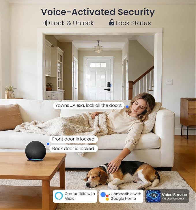 Veise VE012W-L WiFi Fingerprint Deadbolt Lock with Handle Set, Matte Black | Built-in WiFi, APP Remote & Voice Control, Real-time Alert, Smart Keyless Entry for Front Door, Back-Lit Keypad, Auto Lock