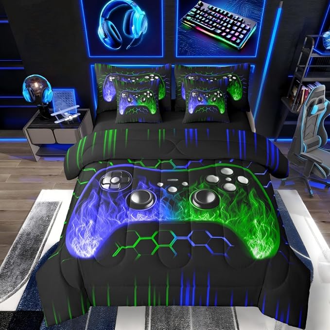 Erosebridal Boys Gaming 7 Piece Comforter Set Full Bed in a Bag Ombre Art Honeycomb Bedding Set Blue Green Neon Lights Sheet Set Game Console Bed Set Geometric Hexagon Beehive Gaming Room Decor