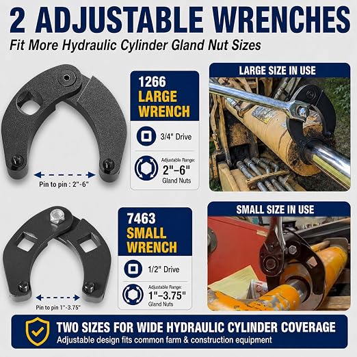 5 Pack Hydraulic Seal Installation Tool Kit & 1266 7463 Adjustable Gland Nut Wrench - Hydraulic Cylinder Spanner Wrench Set & Piston Repair Seal Tools for Most Farm & Construction Equipment