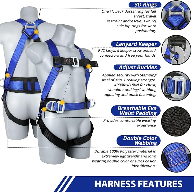TT TRSMIMA Safety Harness Fall Protection Kit: Roofing Harness for Work | Men Construction Climbing Fall Arrest Safety Harnesses with Shock Absorbing Lanyard Rebar Hook Waist Pad