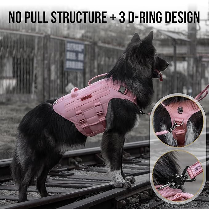 OneTigris Large Tactical Dog Harness, No Pulling Adjustable Dog Vest Harness, Heavy Duty Dog Harness with Handle, Large Hook and Loop Panels for Patch(Pink,S)