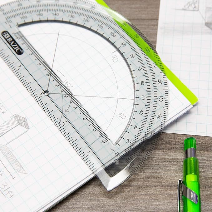 BAZIC Protractor Semicircular 6 Inch 180 Degrees, Plastic Math Protractors, Geometry Measuring Rulers Set, Clear Ruler for Students, 1-Pack