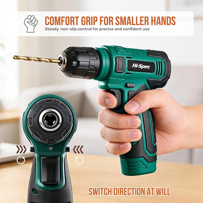 Hi-Spec 8V USB Power Drill Driver Screw Drill Bit Set. Cordless & Rechargeable Electric Drill Driver with Wall Hanging Kit,Green